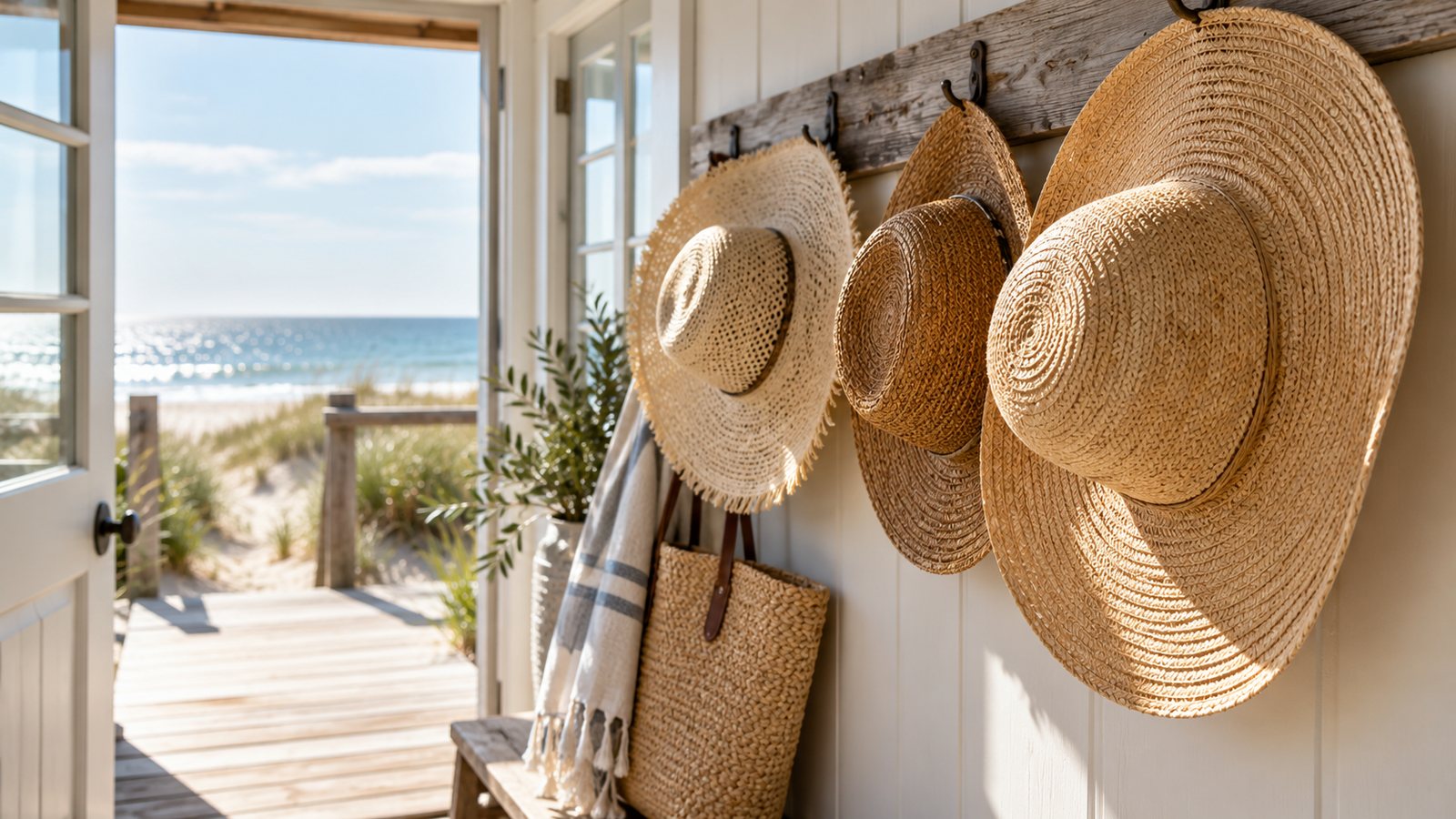 Wide-brim sun hats on hooks (illustrative)