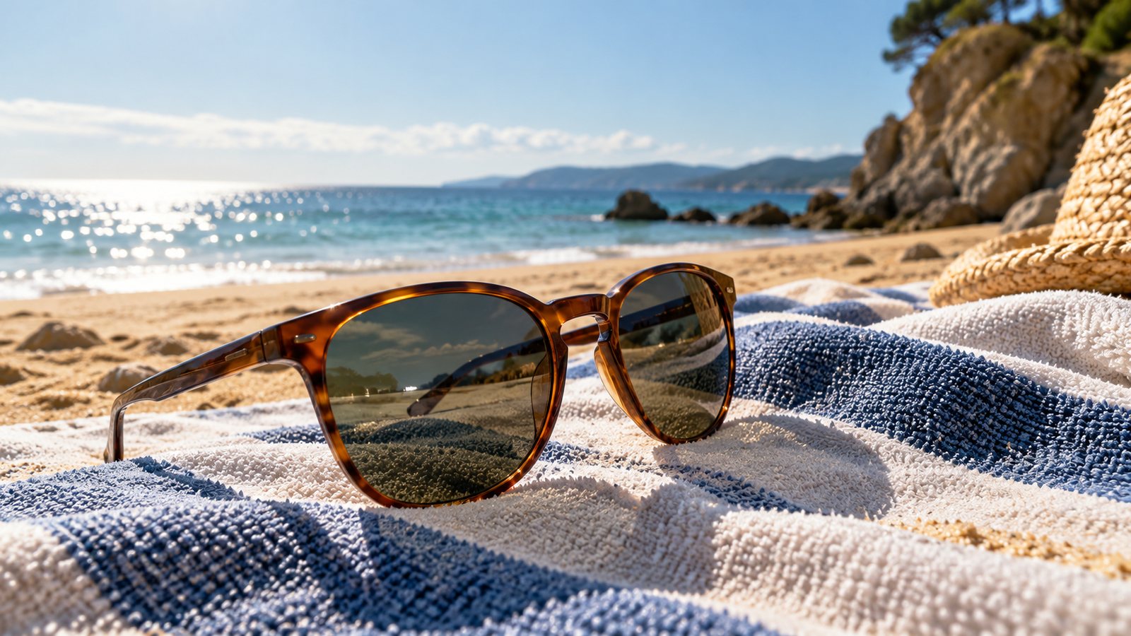 Sunglasses on a beach towel (illustrative)